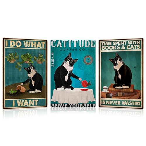 HMIEPRS 3 Pezzi Gatto Nero Targhe in Metallo, Quadri in Metallo Poster Vintage, Segno di Latta Retro Art Poster Dipinti, Decorazioni Retrò Poster con Placca Murale per Bar Pub Cafe Casa (Style A)