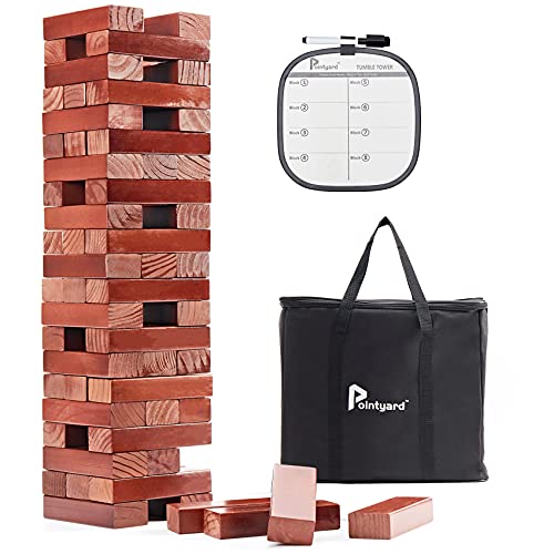 Pointyard Giant Tumble Tower [Stack up to 5FT], 56PCS Retro Tumble Timber Game Ages 12+ for Teens Adults Family - Classic Stacking Block Party Game with 1 Dice | Scoreboard | Carry Bag