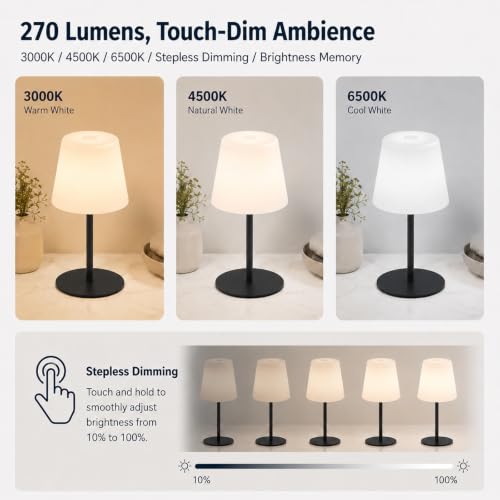Image of IP65 Waterproof Shower Lamp, Cordless Rechargeable Table Lamp, Black | 4000mAh Battery Operated Lamp, Spa-Like Glow for Showers, Vanity, Bedside and Patios; 3 Color Temperatures, Touch Dimming