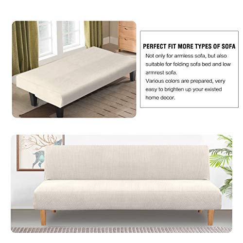 Armless Futon Cover Stretch Sofa Bed Slipcover Protector Elastic Feature Rich Textured High Spandex Small Checks Jacquard Fabric Futon Cover, Machine Washable, Ivory, One #TOP3