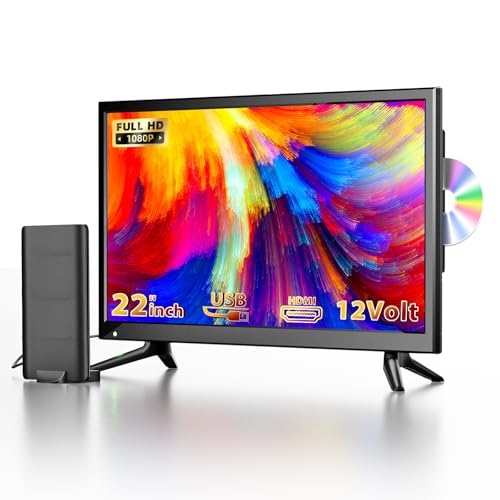 Desobry 22 Inch Mini TV with Built-in DVD Player 1080P Small television with Antenna and DVB-T2 tuner HDMI/USB/AV Input 12V TV-DVD Combo for Motorhomes/Caravans/Kitchen/Bedroom/RV