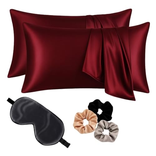 Image of Premium Satin Pillowcase Set of 2 with Eye Mask & 3 Scrunchies | Silky Soft, Anti-Frizz, Skin & Hair Care Sleep Set | Luxury Gift Combo for Women & Girls (Burgundy)