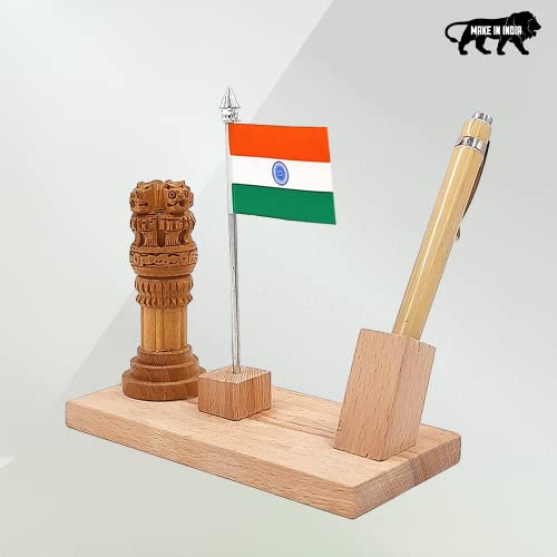 Image of Woodhouse Wooden Pen Stand with Flag, Ashoka Pillar, Office Table Stylish (WH-53)