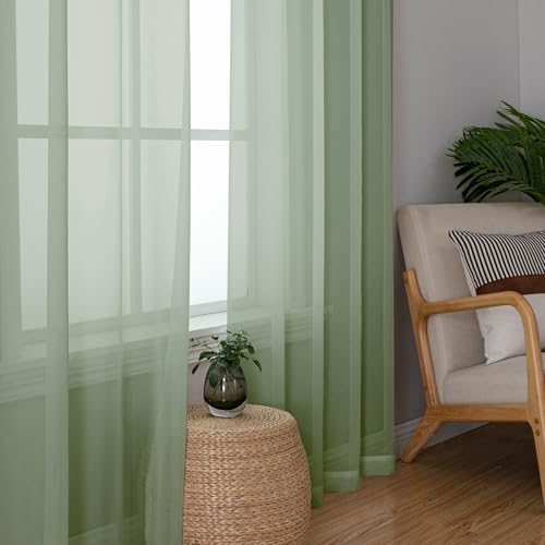 Image of Simplebrand Sage Green Sheer Curtains 84 Inches Long, Light Filtering Rod Pocket Solid Color Window Sheer Curtain Panels, Elegant Curtains & Drapes for Living Room, Bedroom 2 Panels, 59 inch W x 84 inch L