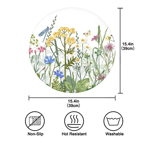 Xigua Herb Wild Flower Round Placemats Waterproof Non-Slip Washable Place Mats Polyester Table Mats Set Of 4 Heat Resistant For Home Kitchen Holiday Party Decor 15 Inch #TOP3