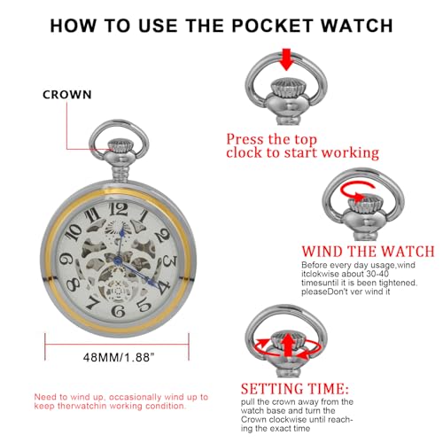Image of Unique Ball Shaped Uncovered Mechanical Pocket Watch for Men, Roman Digital Dial Mechanical Pocket Watch with Chain