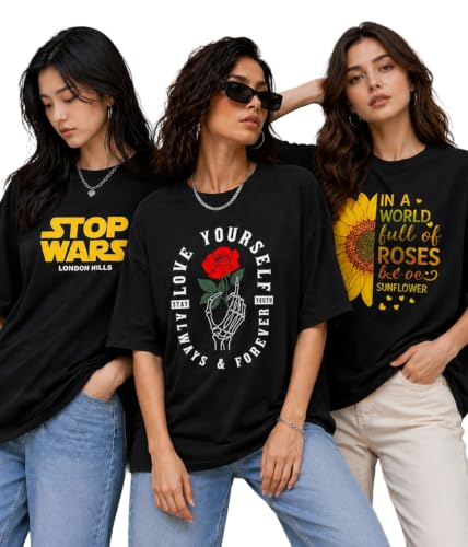 Image of London Hills Oversized Tshirt for Woman | t Shirt for Woman Oversized Fit Printed Round Neck | Tops for Woman's | Women t Shirt Loose Fit Drop Shoulder | t Shirts for Women | Western Tops