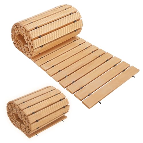 funrautz 12ft Wooden Garden Pathway Outdoor Roll Out Walkway Portable Cedarwood Boardwalk Flexible Garden Trail Non Slip Weather Resistant Wood walkways for Yards Patio Lawn Beach 1 Set