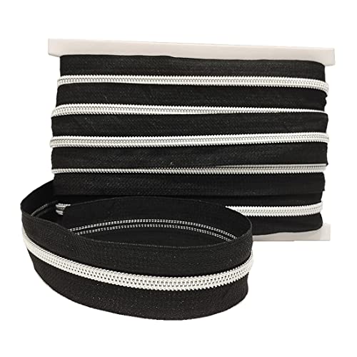 4 Metros Cremallera Continua de Nylon + 10 Cursores Deslizadores de Metal 5#, Cremallera para Coser Ropa, Cremallera de Costura, Cremallera por Metros, (4 Metros, Negro-Plata) Cover