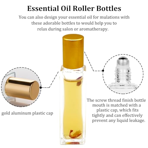 100 Pcs 10 ml Roller Bottles for Essential Oils, Square Thick Empty Glass Roller Bottles with Stainless Steel Roller Balls Protection Leakproof with 5 Funnel for Travel3