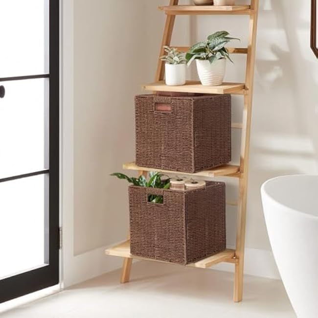 2 Pack 12 inch Wicker Storage Baskets for Shelves, Paper Rope Storage Basket, Foldable Wicker Baskets, Handwoven Square Basket with Built-in Handles for Organizing Shelves (Dark Brown)