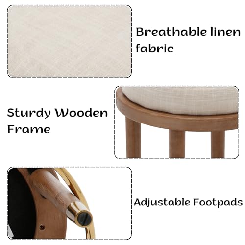 Butacos modernos rústicos sin respaldo de 26 pulgadas, juego de 4 unidades, asiento redondo acolchado y suave, taburetes de altura para barra con estructura de madera y reposapiés metálico dorado, tapizado en lino beige para isla de cocina miniatura 5