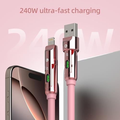 Image of MFish 4 in 1 Charging Cable, 240W Max Fast Charger Cord 6.6FT with Carrying Case, Silicone USB A /C to Lightning /C with Light, Multi Universal Cable for iPhone 17 /16 /MacBook /iPad /Laptop /Carplay, Pink