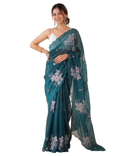 Image of AKHILAM Women's Shimmer Pure Georgette Embroidered Ready To Wear one Minute Saree With Unstitched Blouse Piece