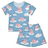 Kcldeci Pajama Sets Sleepwear Fly Pigs and Clouds Short Sleeve Shirt and Shorts 2pcs Summer Pjs Set 5Y