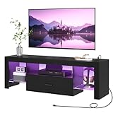 HOOBRO LED TV Stand with Power Outlets to 65 inch TV, Gaming Entertainment Center with Glass Shelves and Large Drawer, Modern Media TV Console Table for Living Room Bedroom, Black BB14UDDS01G1