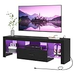 HOOBRO LED TV Stand with Power Outlets to 65 inch TV, Gaming Entertainment Center with Glass Shelves and Large Drawer, Modern Media TV Console Table for Living Room Bedroom, Black BB14UDDS01G1