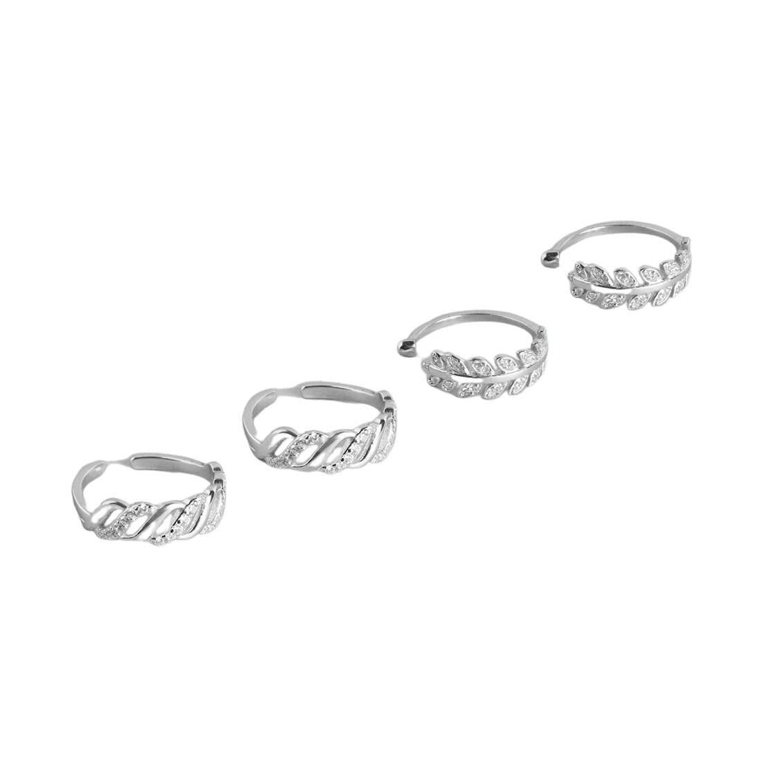 zavya 925 Sterling Silver Set of 2 Waves &Leaves Cubic Zircon Rhodium Plated Toe Rings (Pair)|Gift for Women &Girls|1 Year Plating Warranty|Rakhi Gift For Sister-picture-17