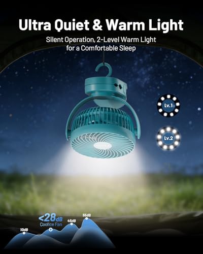 Image of Camping Fan with Remote Control - 12000mAh Rechargeable Battery Powered Fan, Camping Fans for Tents with LED light & Hanging Hook, Rechargeable Battery Operated Ceiling Fans for Tent RV Bed, Blue