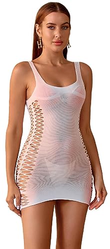 Image of Bommi Fairy Women’s Sexy Fishnet Bodysuit Lingerie Bodycon Dress Scoop Neck Hollow out Mesh Babydoll Mini Dress One Size (White)