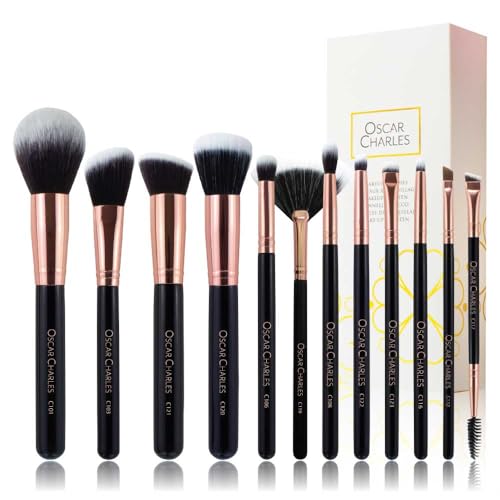 Oscar Charles Luxe Pro Radiance Makeup Brushes, 12 Piece Professional Set, Rose Gold and Black, Vegan Synthetic Fibres