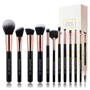 Oscar Charles Luxe Pro Radiance Makeup Brushes, 12 Piece Professional Set, Rose Gold and Black, Vegan Synthetic Fibres