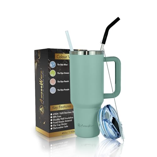 AmzeeWare 40oz Insulated Tumbler with Handle and Straw, Leak-Resistant Lid for Optimal Hot & Cold Beverage Experience, Premium Stainless Steel: Reusable Vacuum Quencher Tumbler (Eucalyptus)