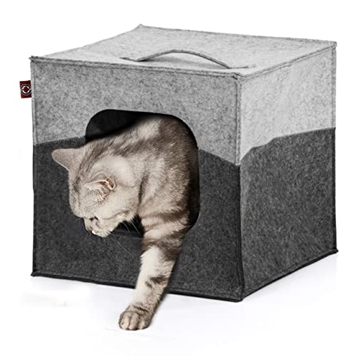 CanadianCat Company | Katzenhöhle Katzenbox aus Filz, passend für IKEA Regal Kallax und Expedit, Katzenhaus inkl. 2-Funktion-Wendekissen, hellgrau/dunkelgrau, ca. 33 x 33 x 33 cm