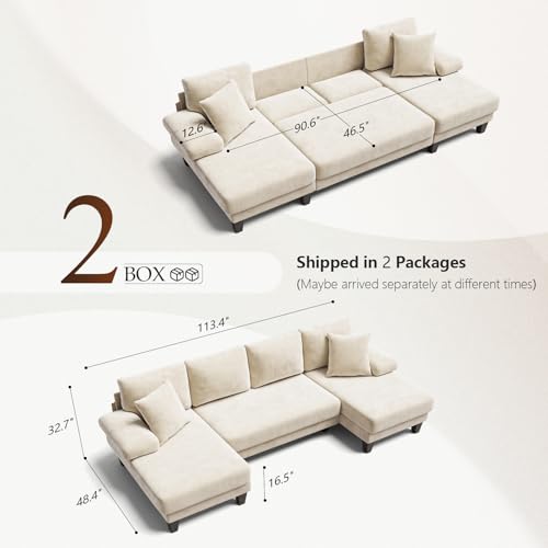Image of Txtin's Sleeper Sofa with Pull Out Couch Bed | 112 Inch Couches for Living Room | U-Shaped Convertible Sofa Bed | Chenille Warm White