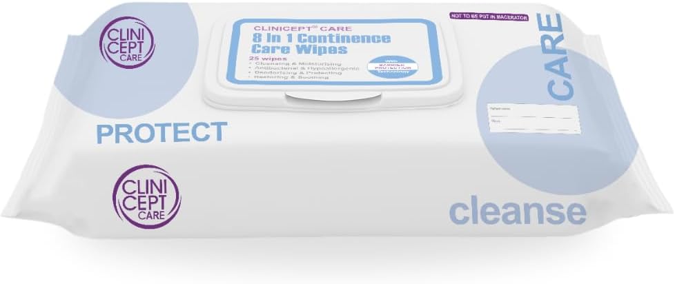 Care 8-in-1 Incontinence Wipes - NHS Approved Patient Wipes, pH Balanced, Antibacterial, Alcohol Free, Soothes and Moisturises. (1 Pack-25)