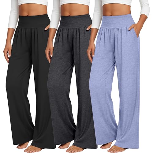 Neer 3 Pack Women's Wide Leg Yoga Pants, Comfy Lounge Pants with Pockets Ladies' Stretch Sweatpants Elastic Waist Joggers(Small,Black, Gray, Blue)