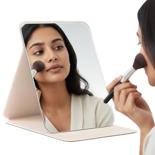 Image of MARS Foldie-Portable Makeup Mirror with Adjustable Stand | HD Frameless Beveled Design | Travel-Friendly PU Leather Vanity Mirror for Desk, Dresser & Bathroom (Cream)