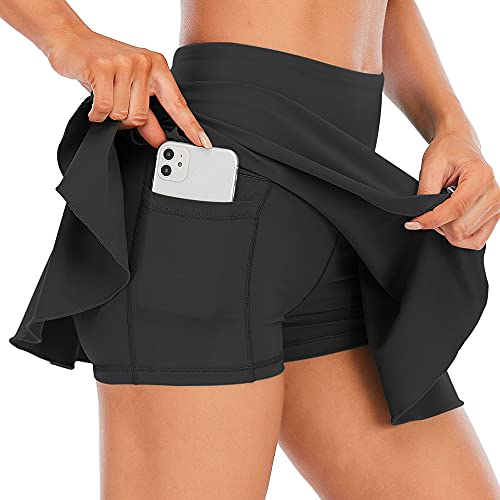 Malavita Woman Pleated Tennis Skirt High Waisted Cute Preppy Skirt with Shorts Pockets for Summer Black