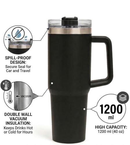 Image of 1200ml Vacuum Insulated Stainless Steel Tumbler | Leakproof Travel Mug with Straw & Lid | Double Wall Thermal Cup | Keeps Drinks Hot & Cold | Reusable Coffee Tumbler for Office