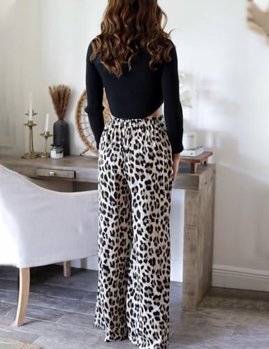 Flygo Women's Leopard Print Wide Leg Pants High Waisted Palazzo Straight Flowy Baggy Work Casual Trousers with Pockets4