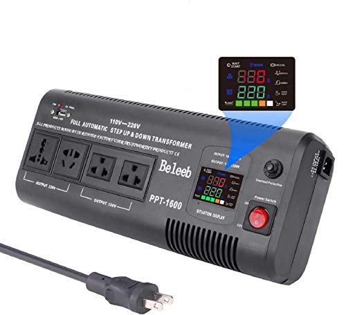 Beleeb 1500W Smart Auto Step Up & Step Down Voltage Converter Transformer 110 120 Volt to 220/240 Volt AC Automatic LED Display Asia Euro US (220V to 110V, 110V to 220V) PPT-1600