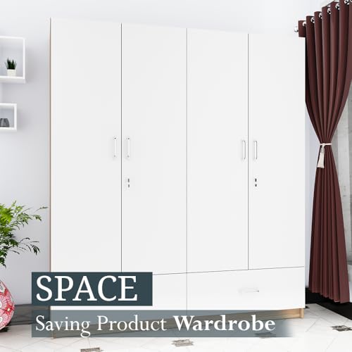 Image of VIKI Wardrobe |Wooden Almirah for 4 Door Wardrobe with 2 Split Drawer & Hanging Space (Walnut |White - 40D x 160W x 180.8H) | 1 Year Warranty | Free Assembly