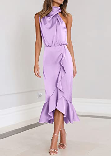 Image of KIRUNDO Women's Summer Satin Mock Neck Wedding Guest Dress | Party Cocktail Midi Dress, 2026 Spring Fashion, Silky, Elegant Classy Halter High Neck, Sleeveless Wrap Ruffle Formal Dress