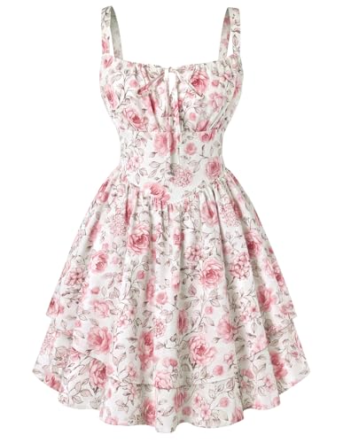 Scarlet Darkness Floral Mini Corset Dress for Women Teen 2026 Summer Spring Flowy A-Line Sundress with Pockets Big Pink Rose L