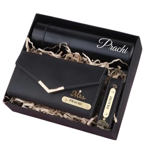 Women’s PU Leather Wallet Clutch Gift Set with Customised Name Plate, Matching Keychain & Insulated Bottle | Bi-Fold Casual/Formal Hand Clutch Gift Set-image-48