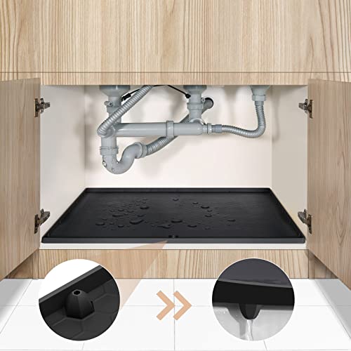 Aechy Under Sink Mats For Kitchen Waterproof, 28" X 22" Under Sink Tray, Under Kitchen Sink Mat With Unique Drain Hole, Waterproof & Flexible Under Sink Liner For Kitchen And Bathroom Black #TOP29