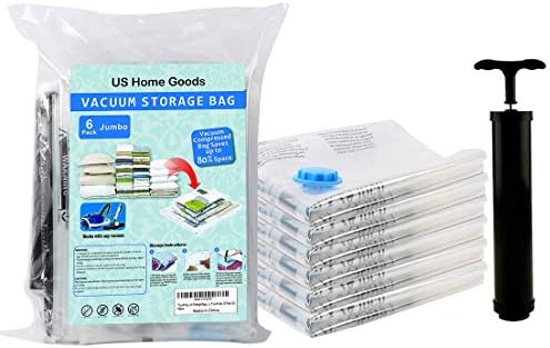 Vacuum Storage Bags (6 x Jumbo Size) Save up to 80% of Original Space. Thicker (0.11 mm) and Stronger than Other Brands (0.09 mm) - Space Saver Bags with Free Hand Pump for Travel