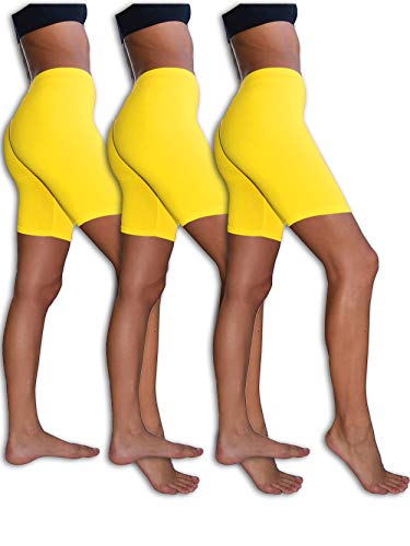 Sexy Basics Womens 3 Pack Sheer & Sexy Cotton Spandex Boyshort Yoga Bike Shorts (Large- 7, 3 Pack- NEON YELLOW)