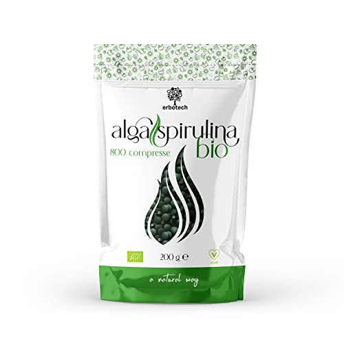 ERBOTECH Spirulina BIO in Compresse, Confezione da 200g, circa 800 Capsule, Alga 100% Biologica, Pura e Vegana, Fonte di Energia, Ricca di Proteine, Vitamine, Magnesio