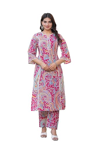 Image of Pistaa's Women Pure Cotton Paisley Printed A-Line Kurta with Pants Set