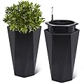 STMHOM 22.4 Inch Tall Planters Set of 2, Large Flower Pot Outdoor and Indoor, with 2 Trays and a Water Level Monitor and Wheels for Patio, Porch, Living Room, or Home Office, Black
