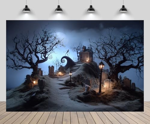 CHNYWORK 7x5ft Halloween Town Graveyard Backdrop Christmas Nightmare Tombstone Twisted Bare Trees Ghost Street Lamp Background Halloween Before Christmas Party Decor Portrait Photo Booth Props