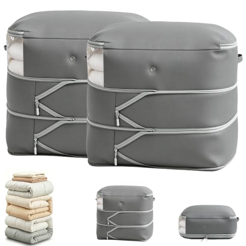 Image of Comforter Storage Bag, Large Capacity Blanket Storage Bags 3-Layer Ultra Space Saving Self Compression Organizer, Heavy Duty Space Saver Organizer for Bedding, Clothes, Blanket, 2-Pack, Gray