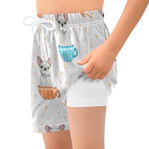 Cute Bulldogs Teacups Boys Swim Trunks with Compression Liner Quick Dry Bathing Bottom Kids Beach Shorts2