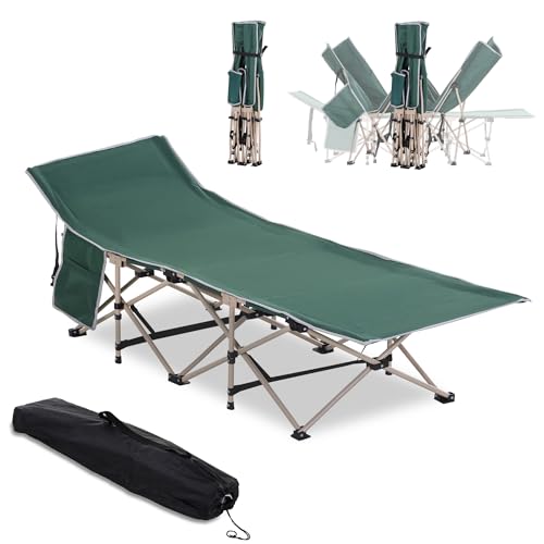 Outsunny Single Person Camping Bed Folding Cot Outdoor Patio Portable Military Sleeping Bed Travel Guest Leisure Fishing with Side Pocket and Carry Bag – Green